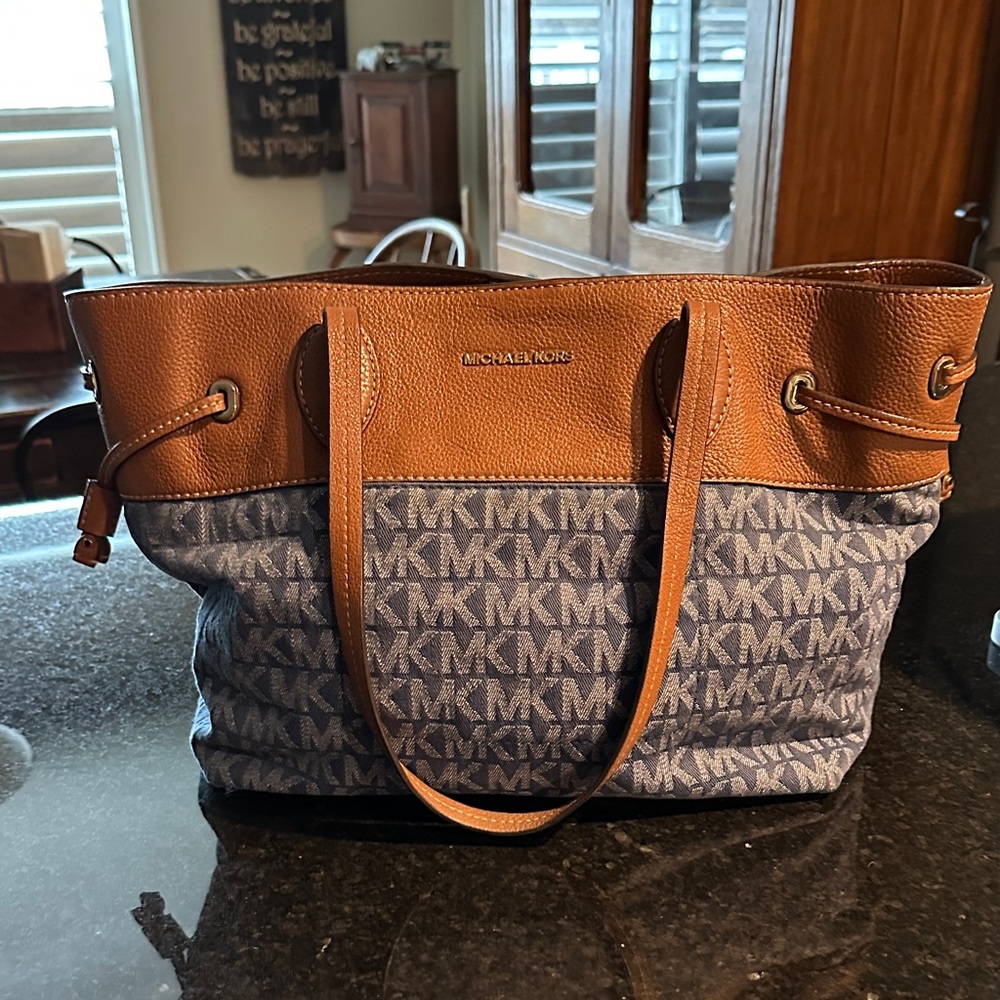 Michael Kors Blue MK Logo Tote with Tan Leather Trim